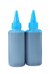 Bottles of light blue printer ink isolated on white