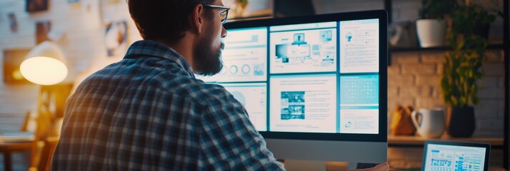 Person examining a detailed website prototype on a large desktop monitor, preparing for user interface and experience testing and improvements.