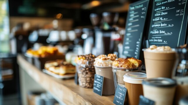 A warm cafe atmosphere featuring a variety of pastries and drinks on display, highlighting the menu options available to customers. - Powered by Adobe