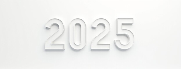 2025 in minimalist white 3D numbers representing future year against clean background with copy space