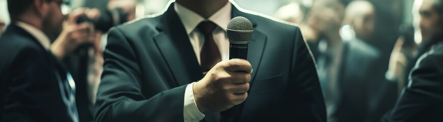 Fototapeta premium A close-up of a man in a suit holding a microphone during a press conference, surrounded by photographers, reflecting a professional setup.