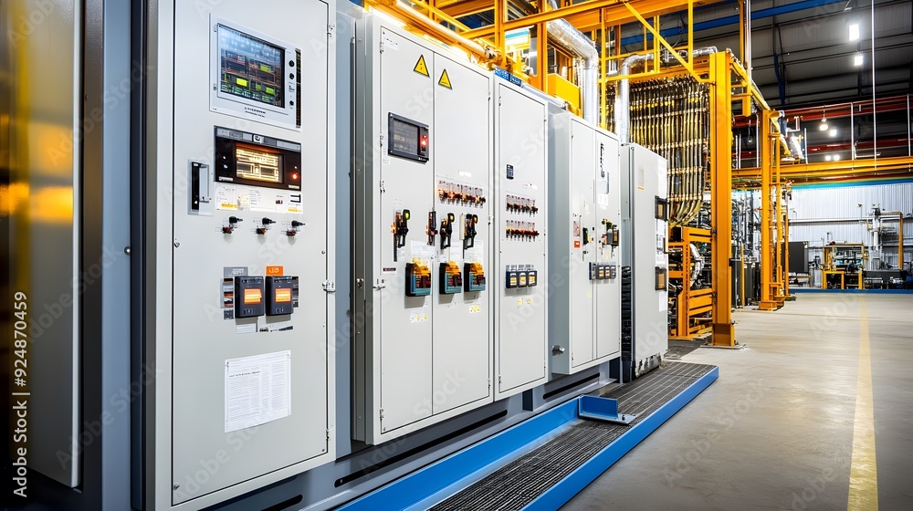 Poster a row of electrical panels are lined up in a factory. the panels are white and gray, and they are al