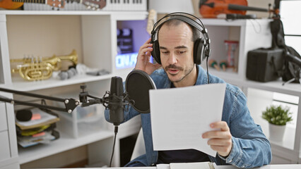 Hispanic man with beard recording audio in a music studio, wearing headphones and holding a script.