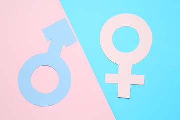 Gender equality concept. Male and female symbols on color background, flat lay