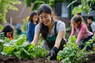 A portrait of a teacher in an urban community garden, guiding students as they plant vegetables, with a focus on sustainable urban agriculture and hands-on education. 