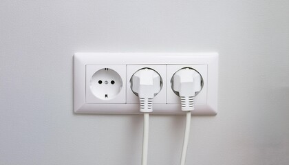 pristine white electrical plug is securely inserted into a standard electric socket mounted on a plain wall. The wall is smooth and unadorned, showcasing the simplicity and functionality of the plug