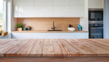 close-up view of an empty wooden table top with a smooth, polished surface, set against a softly blurred kitchen interior that features indistinct shapes and gentle hues, evoking a serene atmosphere