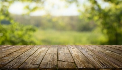 weathered, empty wooden tabletop rests serenely against a natural background of soft, earthy tones. The table’s surface, with its rustic charm, blends harmoniously with the surrounding organic environ