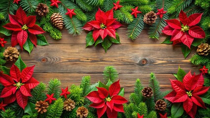 Vibrant red poinsettia flowers and lush greenery adorn a festive holiday border, evoking a warm and cozy Christmas atmosphere with elegant simplicity.