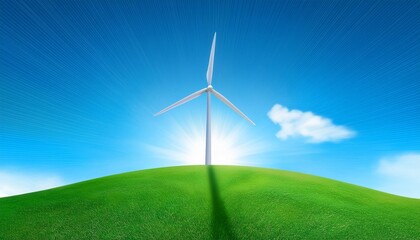 Obraz premium minimalistic illustration portrays a solitary wind turbine towering above a gentle, grassy hill. The scene is tranquil, with the turbine standing alone against a serene backdrop of the open sky