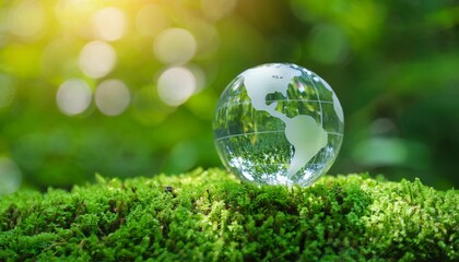 crystal-clear glass globe representing the Earth, symbolizing the Environmental, Social, and Governance (ESG) concept and Sustainable Development Goals (SDGs), sits gracefully on a lush green surface,