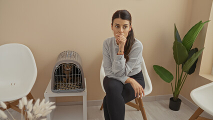 A young hispanic woman sits pensively in a veterinary clinic waiting room with a kitten in a carrier beside her.
