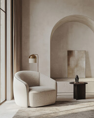 Armchairs near stucco arch wall. Minimalist, japandi interior design of modern living room.