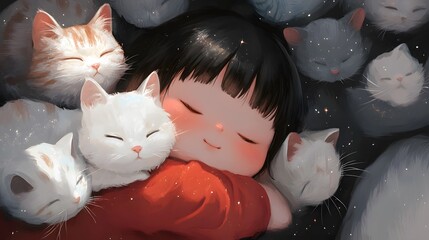 A Cat Nap Paradise: Sweet dreams abound as a young girl finds comfort and warmth nestled amongst a pile of adorable, slumbering kittens. 