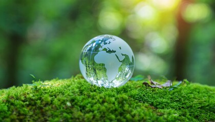 crystal-clear glass globe representing the Earth, symbolizing the Environmental, Social, and Governance (ESG) concept and Sustainable Development Goals (SDGs), sits gracefully on a lush green surface,