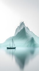 Serene Sailboat: A lone sailboat navigates tranquil waters, its silhouette reflected in the still surface. The scene evokes a sense of peace and tranquility, with a majestic mountain rising in the bac