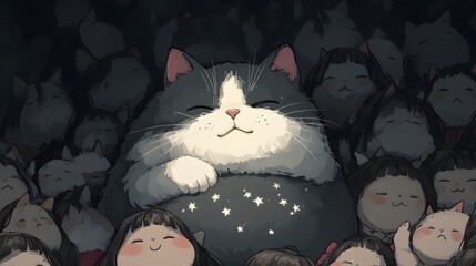 Cozy Cat Among Starry Kittens: A heartwarming illustration of a contented fat cat nestled amidst a multitude of tiny, star-filled kittens, evoking a sense of warmth, comfort, and  peaceful slumber.  