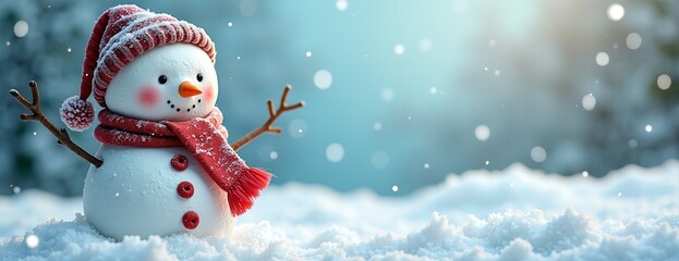 Cheerful snowman with red scarf and hat smiling in snowy winter scene against blurred blue background with copy space