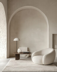 Armchairs near stucco arch wall. Minimalist, japandi interior design of modern living room.