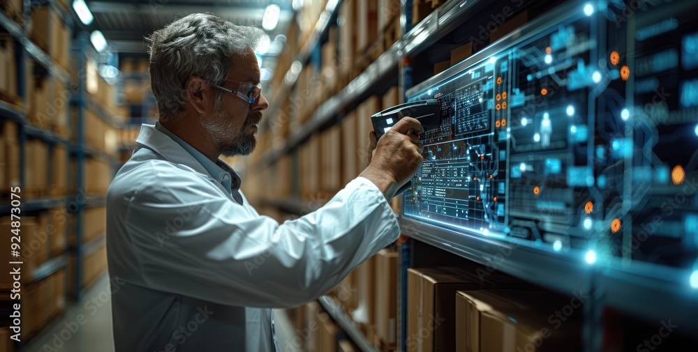Poster warehouse worker using advanced technology
