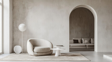 Armchairs near stucco arch wall. Minimalist, japandi interior design of modern living room.