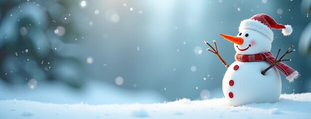 Fototapeta premium Cheerful Snowman with Santa Hat Smiling in Snowy Winter Landscape with Copy Space