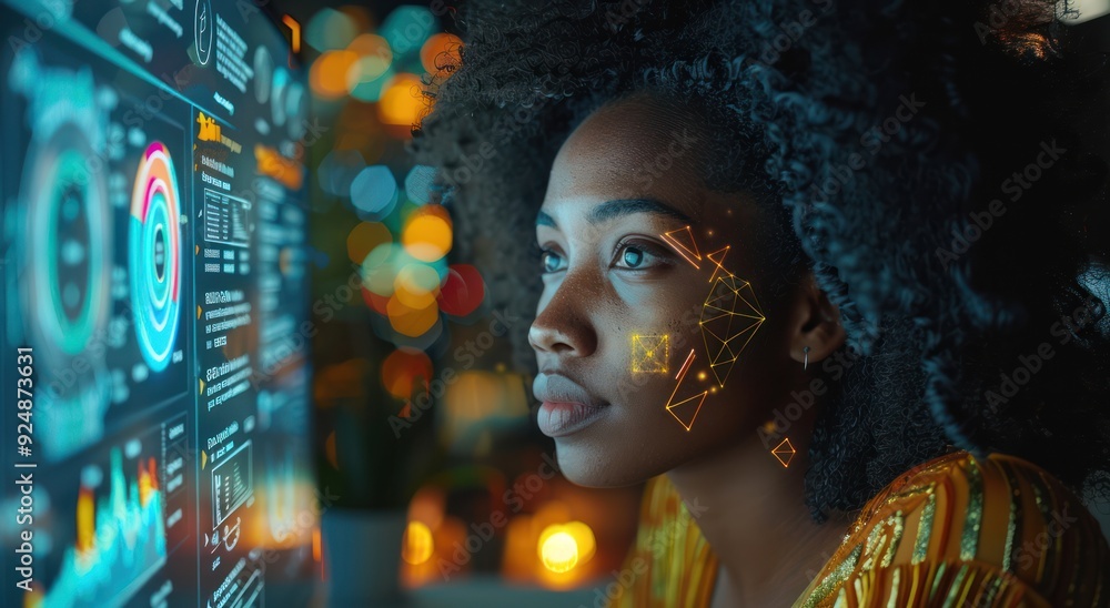 Poster woman looking at computer screen with data visualization