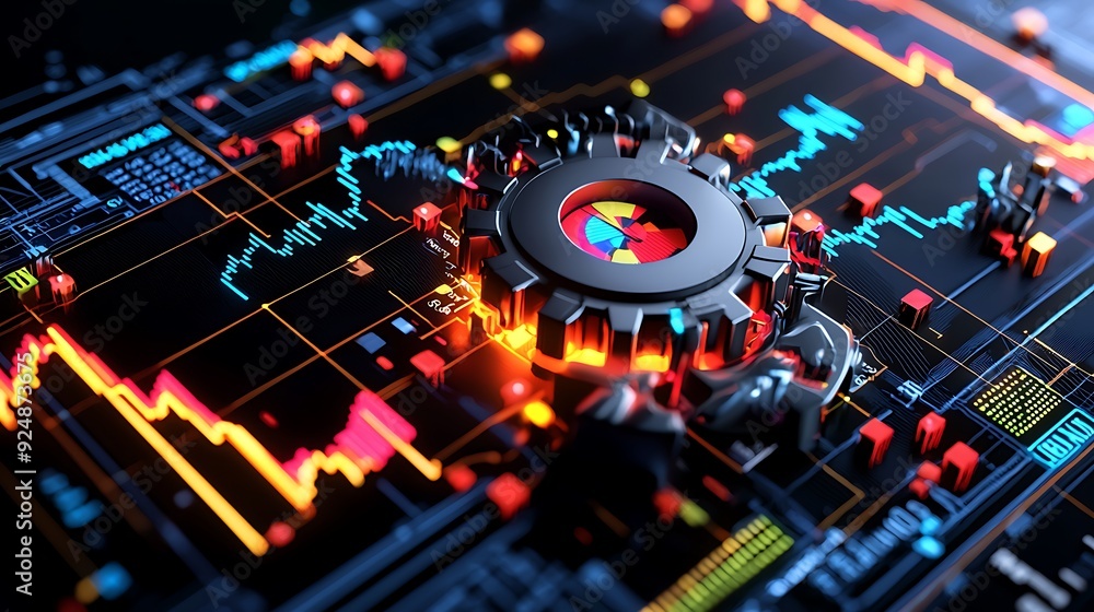 Aufkleber a glowing 3d illustration of predictive data analysis, featuring illuminated trend lines and graphs 
