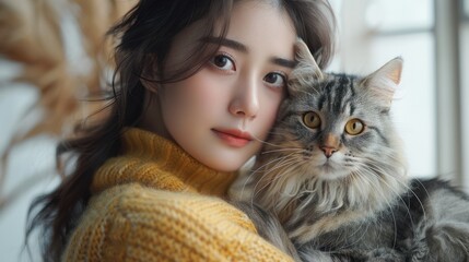 Close-up Portrait of a Young Woman and Her Cat