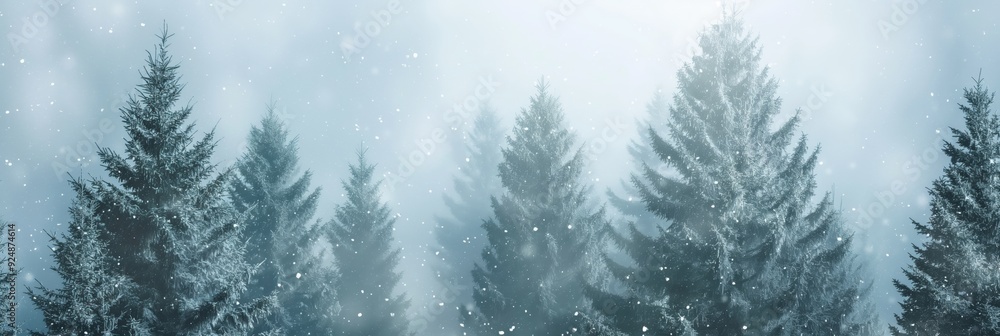 Poster an image of tall pine trees blanketed in snow with soft, gentle snowfall creating a serene and peace