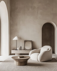 Japandi interior design of modern living room with wall with copy space.
