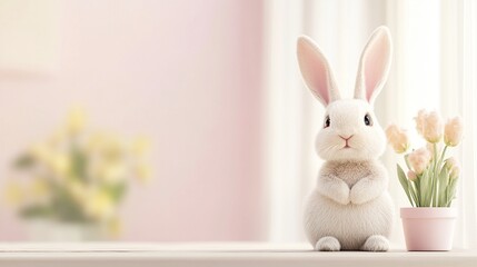 Adorable white bunny sitting upright next to a pink pot of delicate tulips on a windowsill, creating a charming and serene springtime scene with soft pastel hues.