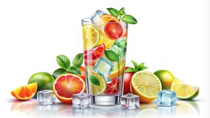 Whimsical illustration of a refreshing summer drink in a tall glass with colorful ice cubes and garnish, set against a soft white background.