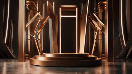 Naklejka premium bronze podium product display with abstract futuristic
