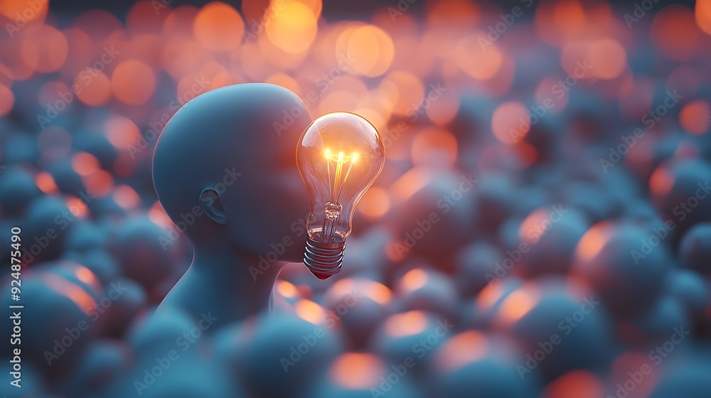 Poster 3d rendered digital avatar with lightbulb brain symbolizing strategic thinking and creative concepts