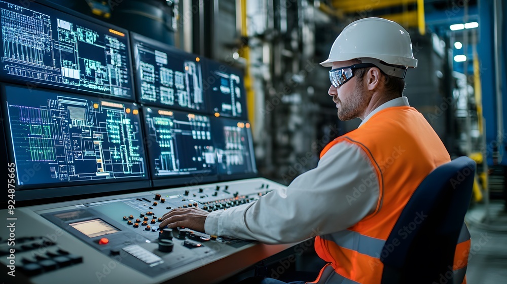 Aufkleber a man in a blue jacket is pointing at a computer screen. he is wearing a hard hat and a safety vest.