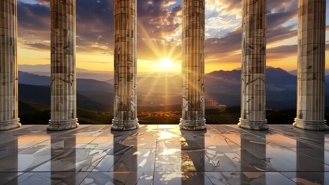 Ancient Greek temple with marble columns and a beautiful sunset sky with mountains in the background.