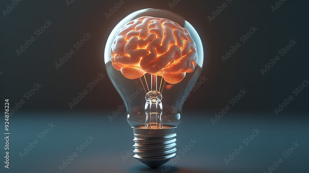 Poster 3d rendered brain inside illuminating lightbulb symbolizing creative idea