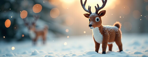 Cute reindeer figurine with whimsical expression standing in snowy scene against blurred festive background