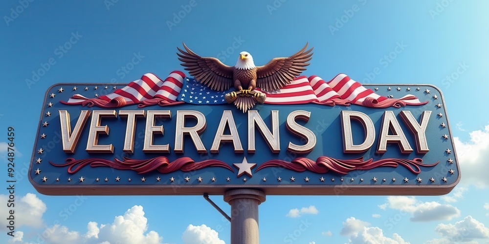 Wall mural Veterans Day sign featuring an eagle and flags under a clear blue sky