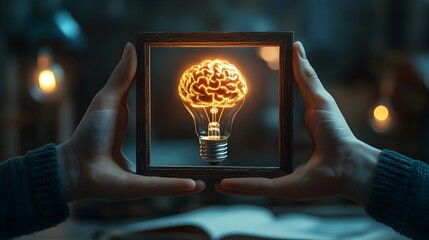 3D Rendered Hands Framing Lightbulb Brain Symbolizing Business Creativity and Innovation