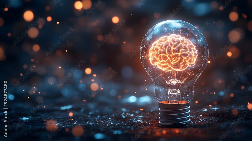 Poster illuminating intelligence:a 3d rendered lightbulb with a digital brain,symbolizing technological bus