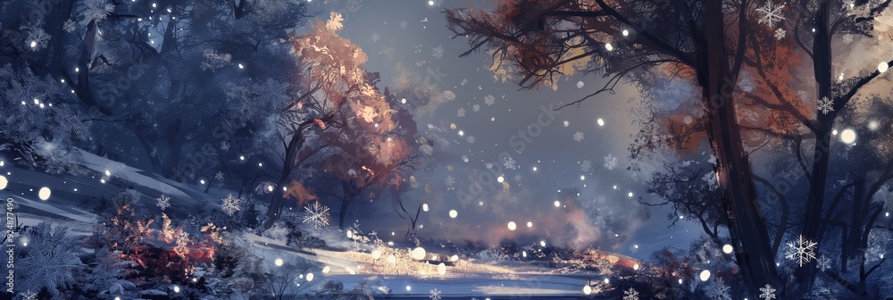 Poster a snowy landscape with trees dusted in snow, with snowflakes falling gently from the sky, creating a