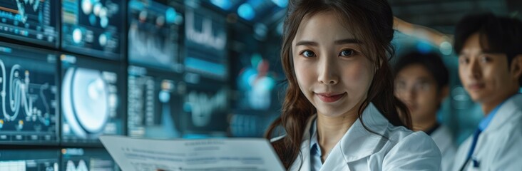 Naklejka premium Female Doctor Analyzing Data with Colleagues