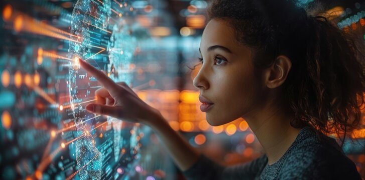 Woman Interacting with Digital Globe - Powered by Adobe