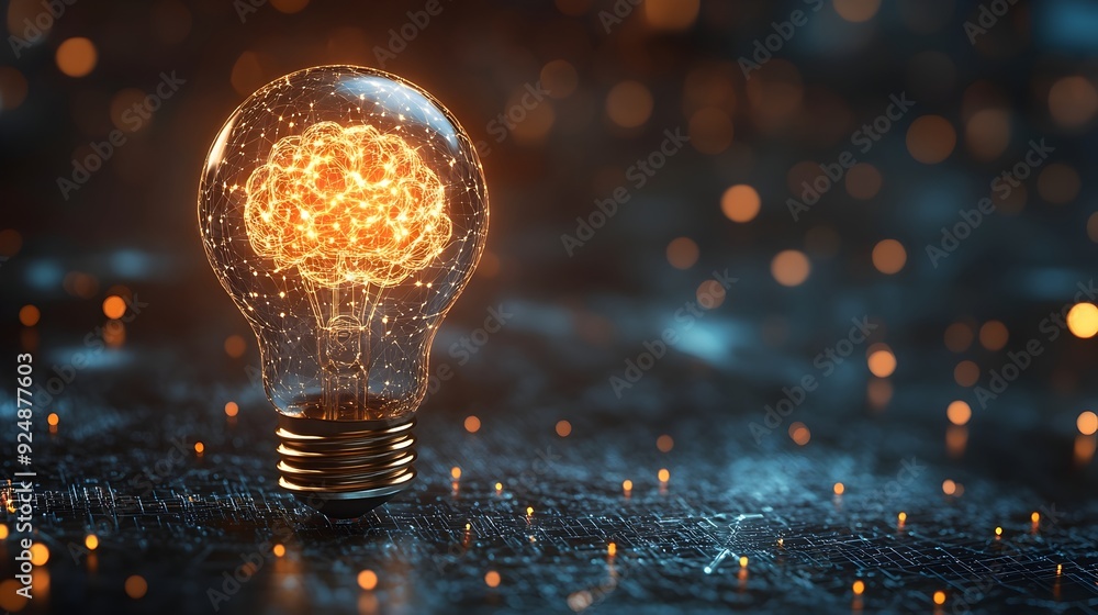 Poster illuminating digital brain:a 3d rendered lightbulb symbolizing technological business and innovation