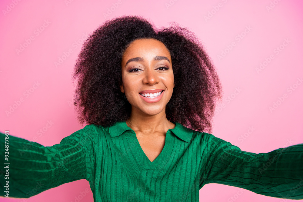 Sticker photo portrait of lovely young lady take selfie photo dressed stylish green garment isolated on pink