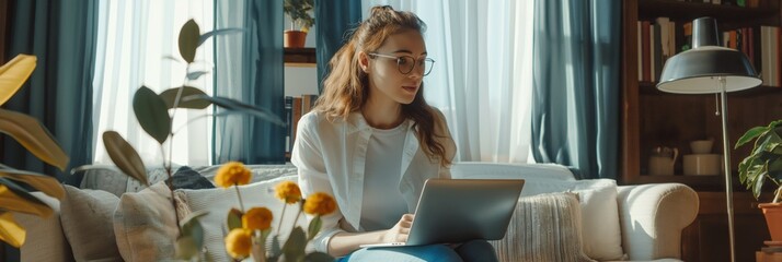 A woman using a tablet while sitting on a comfortable sofa in a cozy living room setting, surrounded by soft lighting and home decor, promoting relaxation.