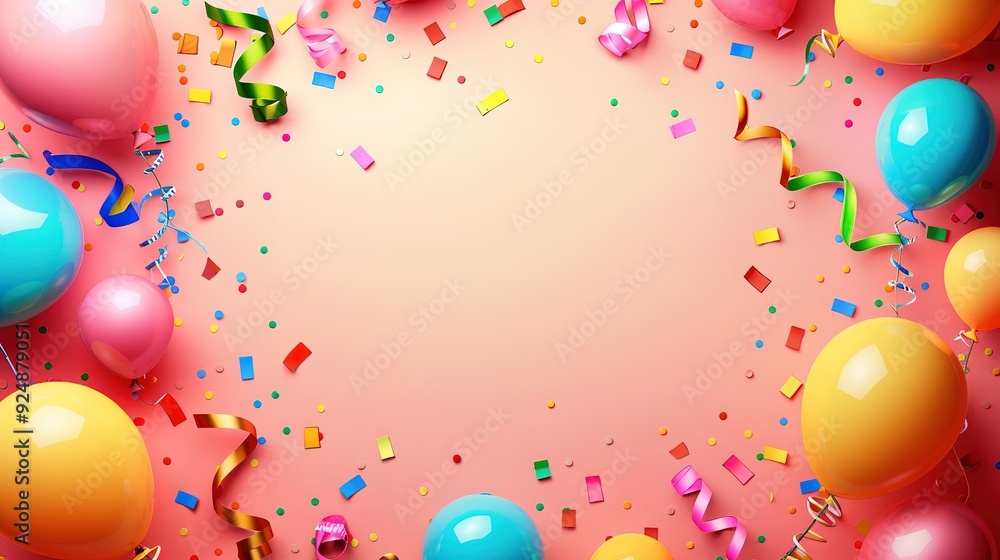 Poster superb colorful balloons border with confetti and props on white background