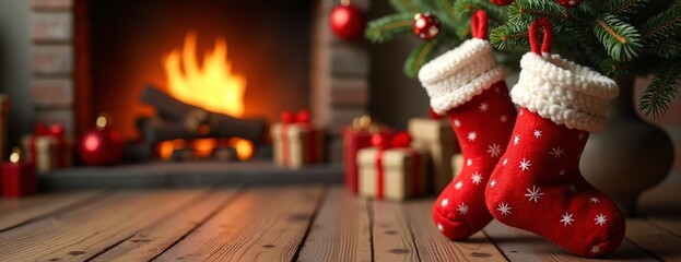 Festive Christmas stockings with cozy fireplace against warm holiday scene